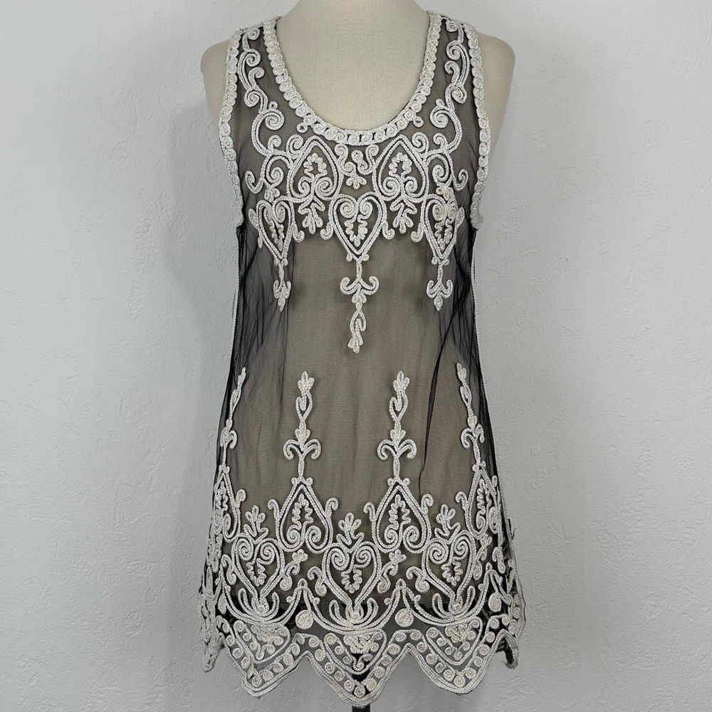 Womens Festival Fairy Grunge Romantic Goth Top Sz Large Mesh Embroidred Layering